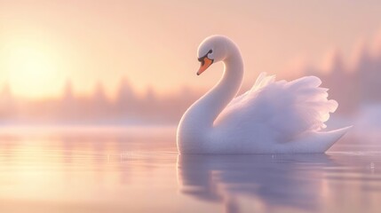 Fototapeta premium Elegant white swan gracefully swims in serene waterscape at dawn