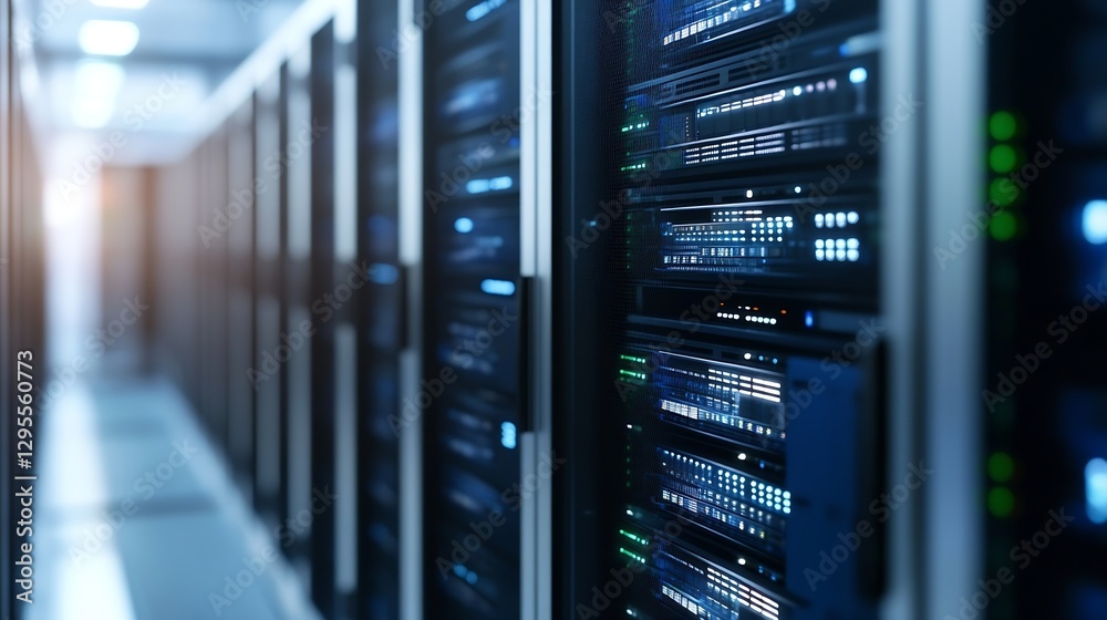 Poster Data center with server racks glowing lights and high technology operations : Generative AI
