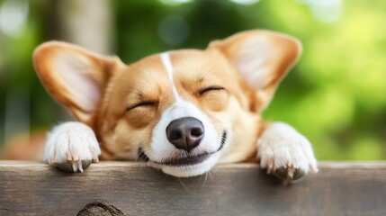 Cute Corgi Dog Relaxing with Eyes Closed Enjoying a Peaceful Day Outdoors : Generative AI