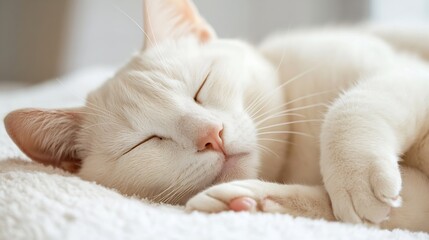 Obraz premium Adorable White Cat Sleeping Peacefully on Soft Blanket in Bright Room : Generative AI