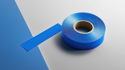 Blue masking tape roll with partially peeled strip on a contrasting background