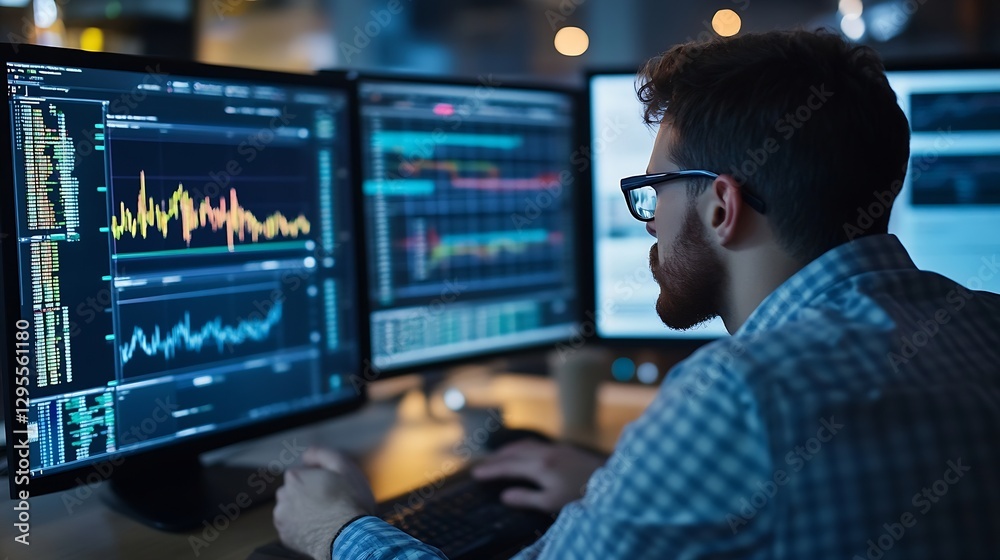 Poster Focused individual analyzing data trends on multiple monitors in a modern office environment : Generative AI