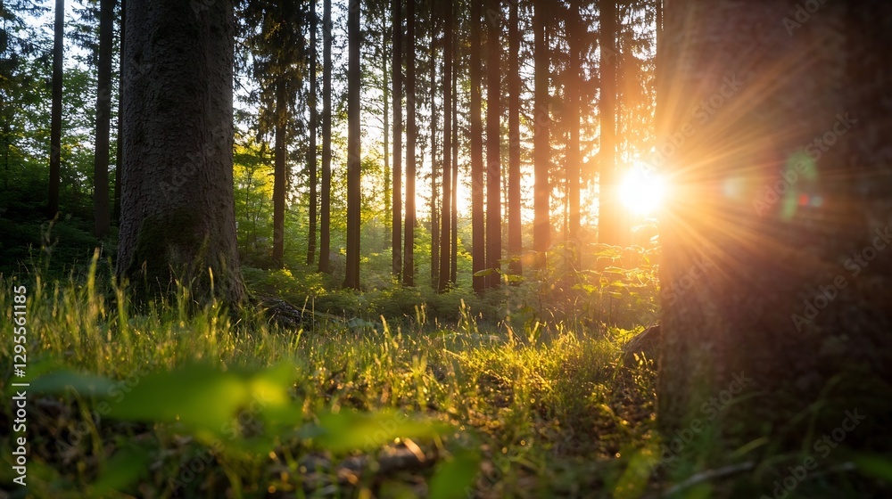 Poster Sunlight streaming through tall trees in a tranquil forest during sunrise creating a serene atmosphere : Generative AI