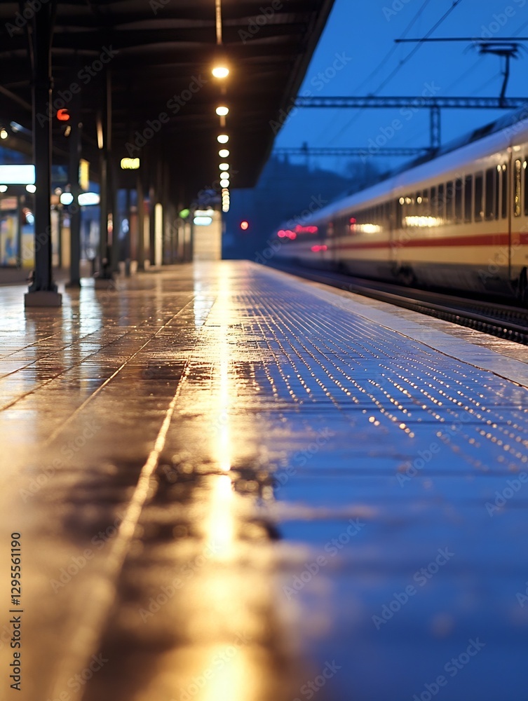 Aufkleber rainsoaked railway station platform glowing under lights during twilight with a passing train in the