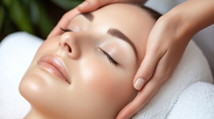 Naklejka premium Relaxing Spa Treatment With Woman's Face Being Massaged for Skin Care and Wellness : Generative AI