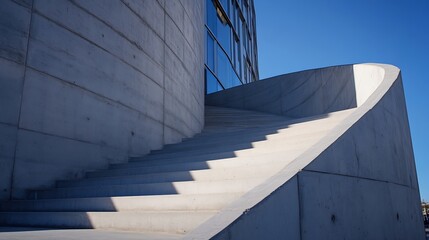 Modern architectural staircase with smooth concrete curves leading up against a clear blue sky : Generative AI
