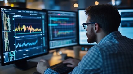 Focused individual analyzing data trends on multiple monitors in a modern office environment : Generative AI