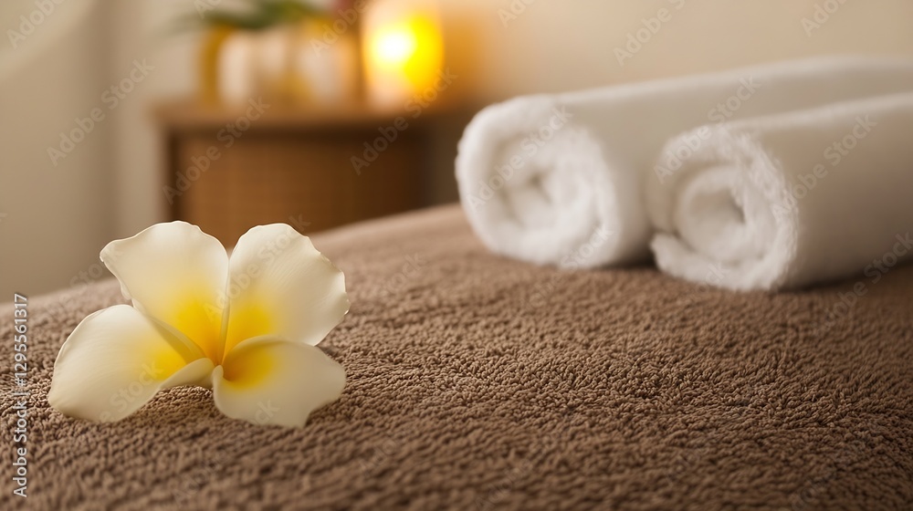 Poster spa setting with fresh plumeria flower and clean towels on soft towel surface : generative ai