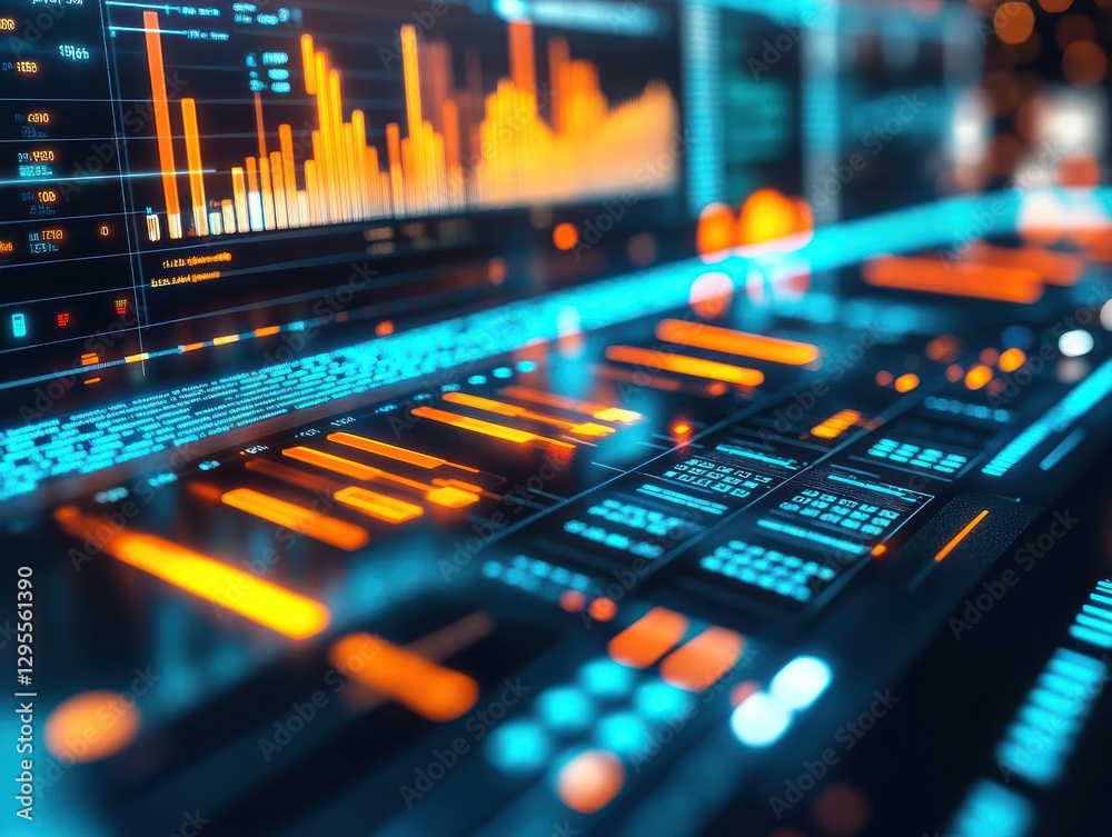 Poster a futuristic digital dashboard displaying vibrant graphs and data metrics, with glowing buttons and 