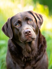 Fototapeta premium Beautiful chocolate labrador retriever gazing curiously with soft fur coat : Generative AI