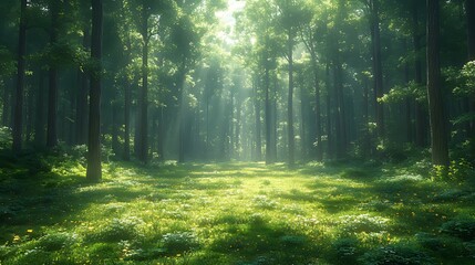 Obraz premium Sunlit forest path, morning mist, green meadow, peaceful nature scene, fantasy backdrop