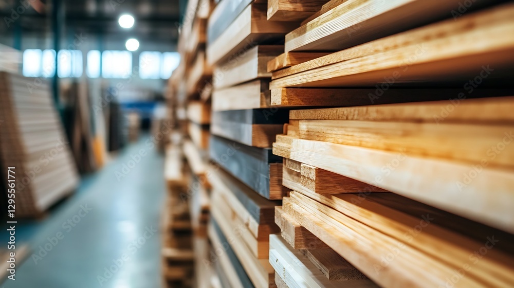 Aufkleber high resolution stack of wooden planks in a storage facility for construction and woodwork projects 