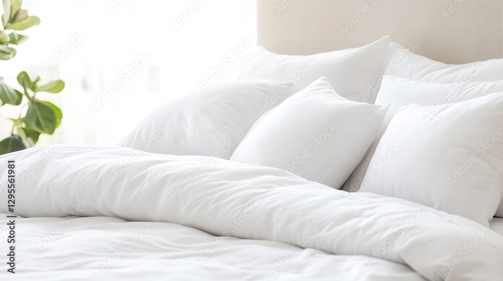 Poster cozy and inviting bedroom with soft white pillows and bedding for relaxation : generative ai