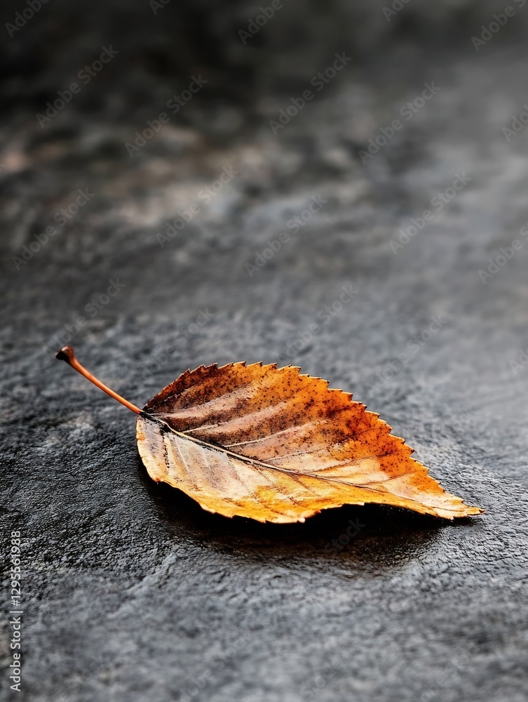 Aufkleber Close up view of a single dried autumn leaf showcasing intricate textures on a dark stone background : Generative AI