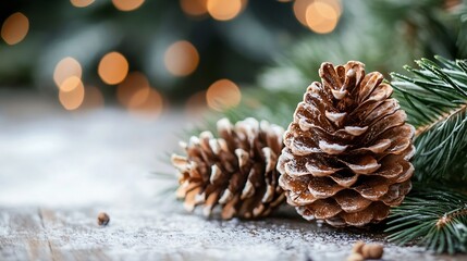 Festive arrangement of pine cones with snow and light bokeh creating a warm holiday atmosphere : Generative AI
