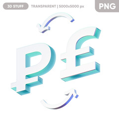 Illustration of the currency exchange between the Russian Rouble and the British pound on the blue background. Composition for economics and finance. 3d render