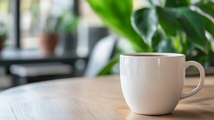 Fototapeta premium White coffee mug sitting on a wooden table surrounded by lush green plants for a cozy atmosphere : Generative AI