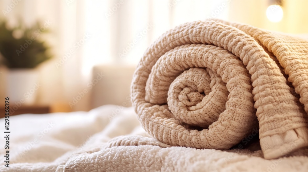 Poster beautifully rolled beige towel on cozy bed in soft natural light creating a relaxing atmosphere : ge