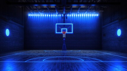 Illuminated basketball court, futuristic, empty.  Possible use for sports background