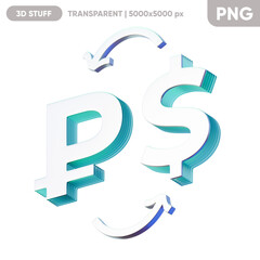 Illustration of the currency exchange between the Russian Rouble and the dollar on the blue background. Composition for economics and finance. 3d render