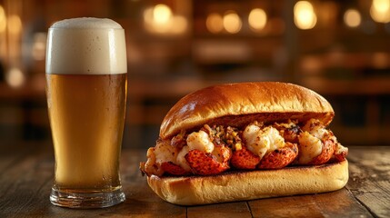 Buttery Maine lobster roll and Hefeweizen beer at a coastal seafood shack