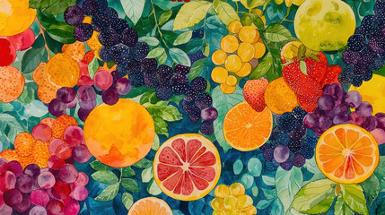 Lush watercolor imagery of vibrant fruits including oranges, grapes, and berries, creating joyful and colorful composition