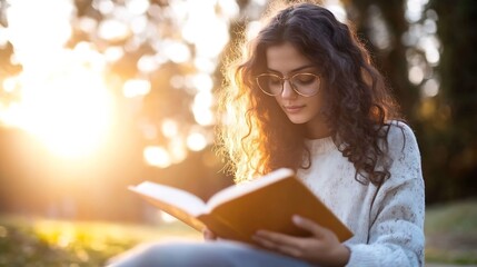 Obraz premium Young woman reading a book outdoors during sunset enjoying the warmth of the sun in a serene park environment : Generative AI