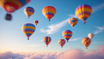 Fototapeta premium Hot air balloons floating above clouds during a colorful sunrise in a clear blue sky