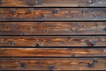 Naklejka premium Dark brown wooden planks arranged horizontally. Ideal for rustic, natural backgrounds or textures.