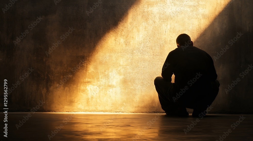 Poster silhouetted figure seated in shadowy room with dramatic light from wall creating a powerful mood : g