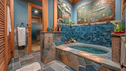 Fototapeta premium Luxurious Bathroom With Stone Tub and Artistic Wall Decor