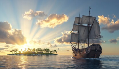 Obraz premium Sailing Ship at Sunset near Tropical Islands