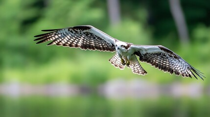 A majestic osprey gliding gracefully through the bright green wilderness over a serene body of water : Generative AI