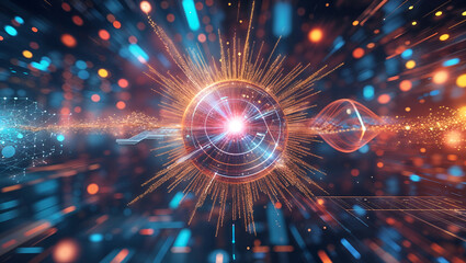 Futuristic Abstract Cybernetic AI Quantum Computing Concept with Glowing Data Streams