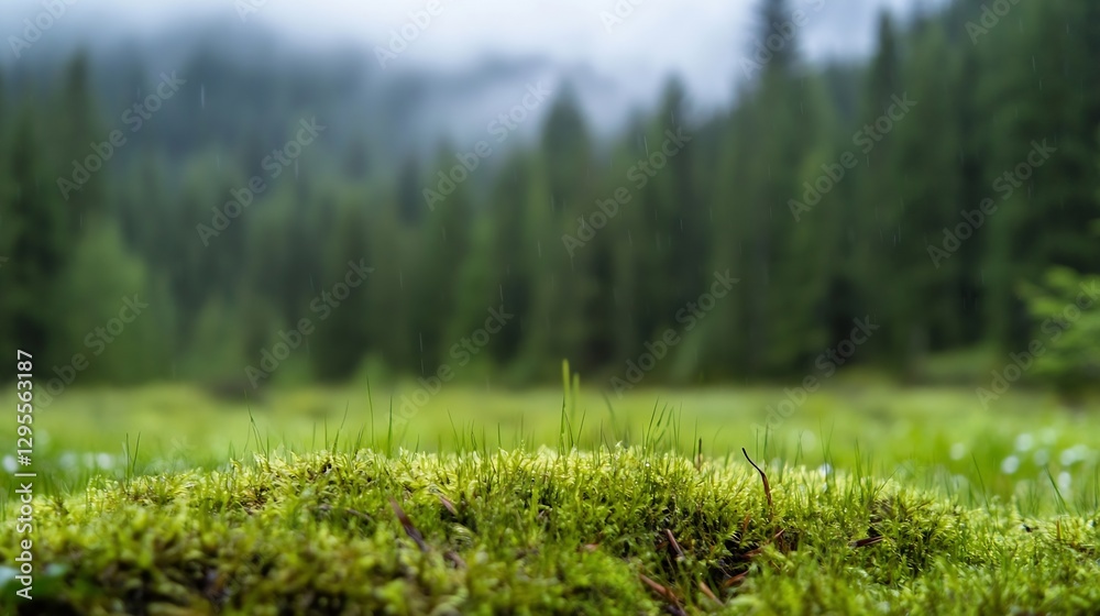 Poster lush green moss covering the ground in a serene forest with soft mist and pine trees : generative ai