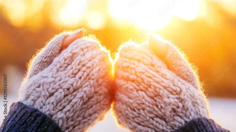 Aufkleber cozy knitted mittens held together in a warm embrace with sunlight shining through in a winter setti