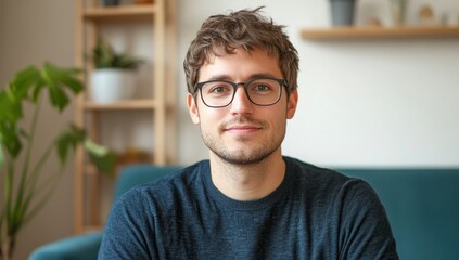 Portrait of a Smiling Young Man with Curly Hair Wearing Glasses