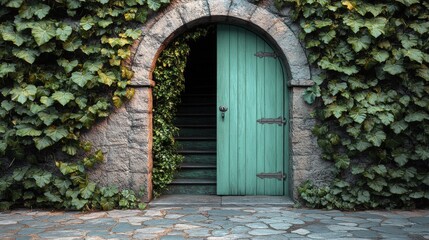 Charming wooden door reveals hidden staircase enveloped in lush greenery