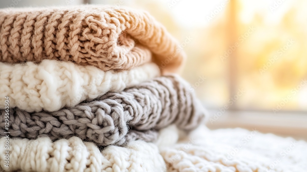 Poster neatly stacked knitted sweaters in soft colors bringing a sense of warmth and comfort : generative a