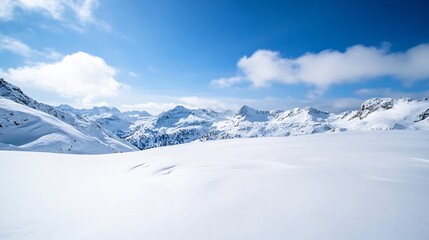 Stunning panoramic view of snowy mountain peaks under a bright blue sky creating a serene winter landscape : Generative AI
