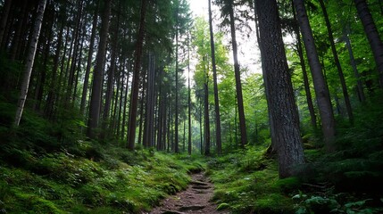 Obraz premium Peaceful Forest Pathway Surrounded by Tall Green Trees and Soft Light : Generative AI