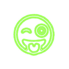 Icon grin tongue wink from the flow of energy of green color. Shimmering neon