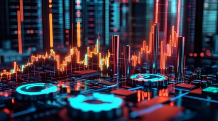 Dynamic financial data visualization digital environment infographic display urban technology hub high-tech viewpoint impactful insights