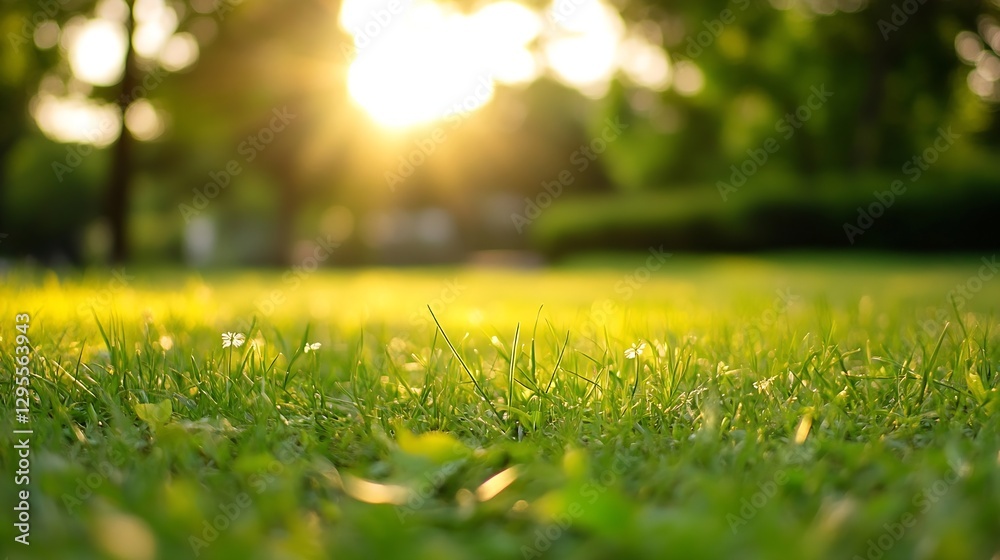 Poster golden sunlight streaming through lush green grass in a relaxing park environment : generative ai