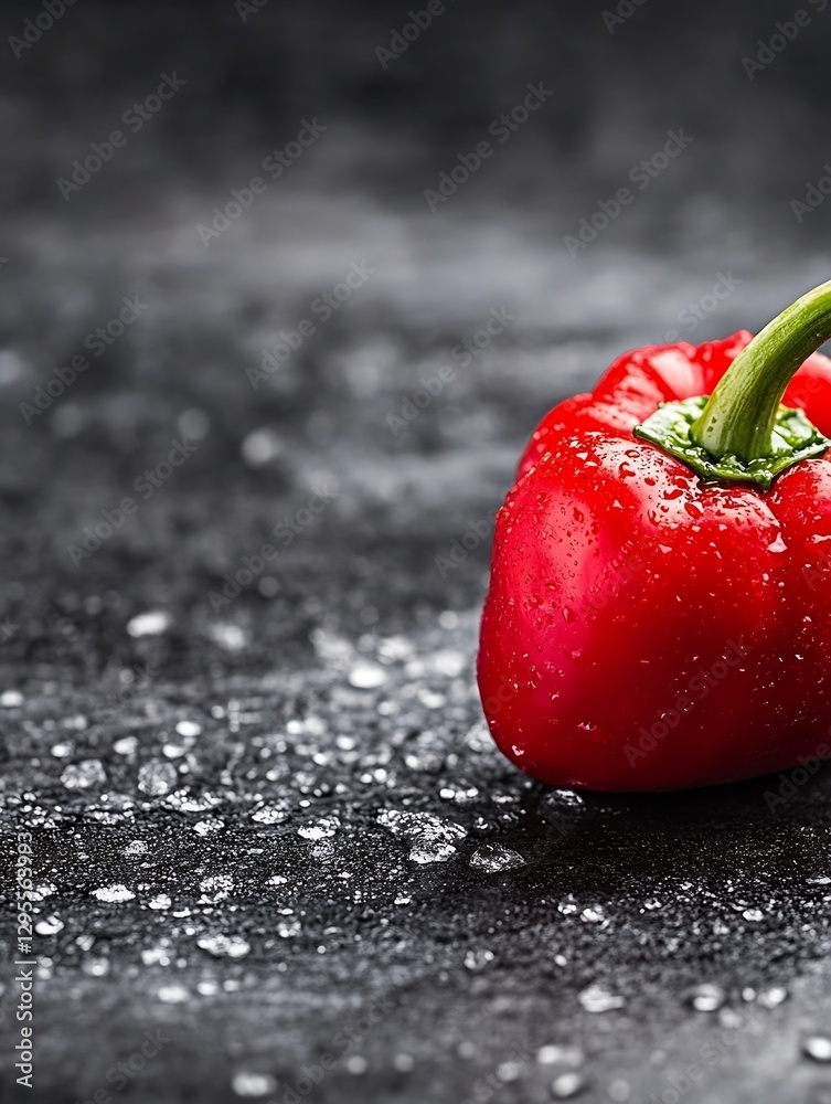 Poster fresh red bell pepper with water droplets on a dark textured surface showcasing its vibrant color : 