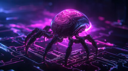 A metallic spider with neon circuits on a digital background