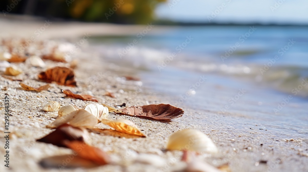 Poster autumn leaves on a serene beach shoreline with gentle surf and calming waves : generative ai