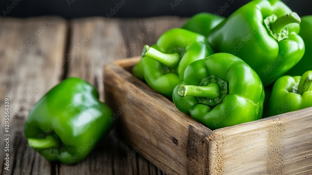 Poster fresh green bell peppers arranged in a wooden crate on a rustic wooden surface : generative ai