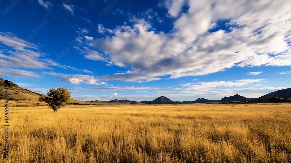 Poster expansive golden field under a bright blue sky with fluffy clouds : generative ai