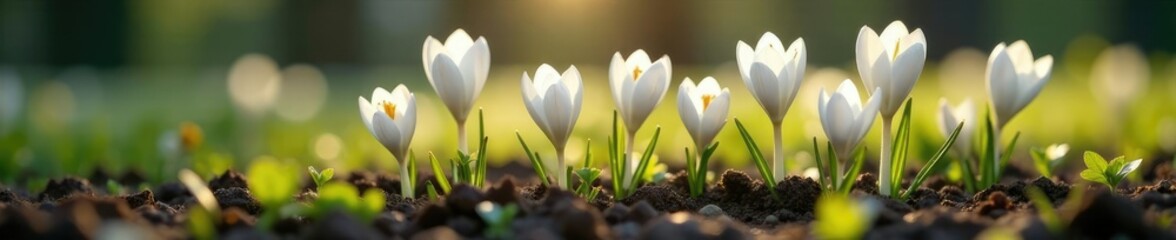 Fototapeta premium White crocuses rise from the earth like tiny stars, wildflowers, white flowers,